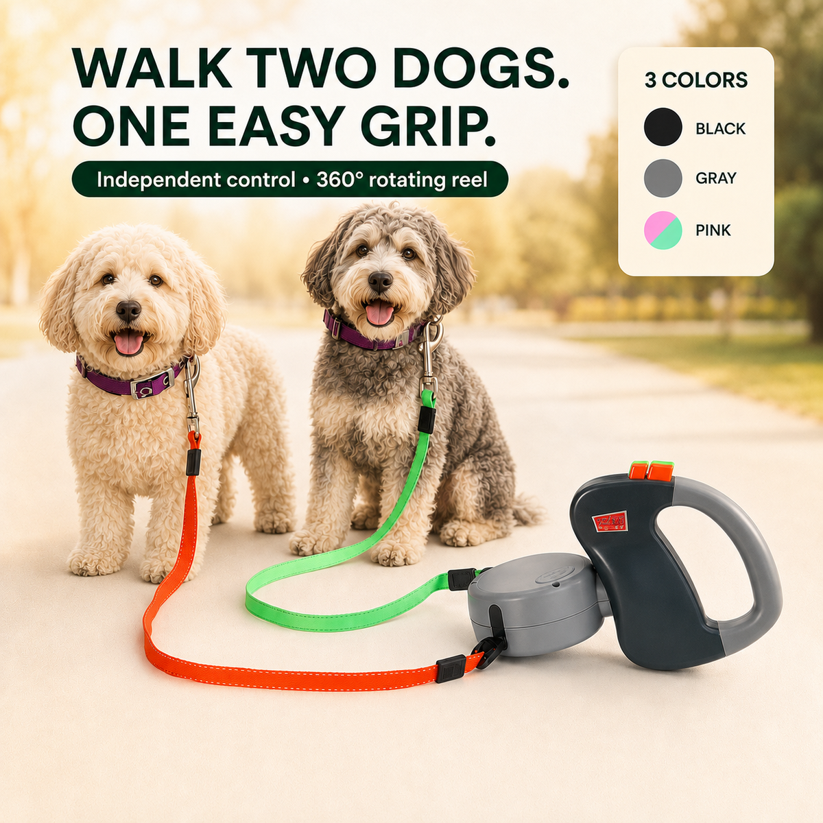 ORELIS Dual Retractable Dog Leash for Two Dogs