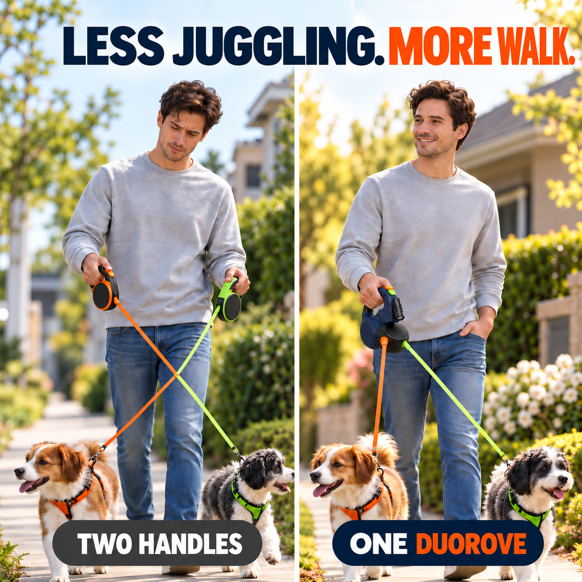 Two separate leash handles compared with one DUOROVE handle