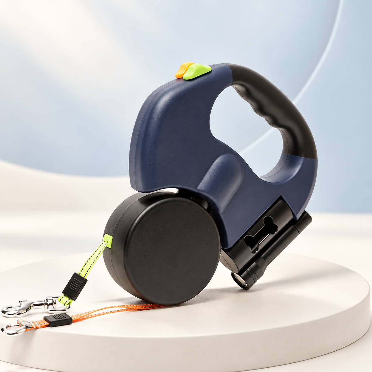 Navy DUOROVE 3-in-1 dual retractable dog leash with two reflective leads