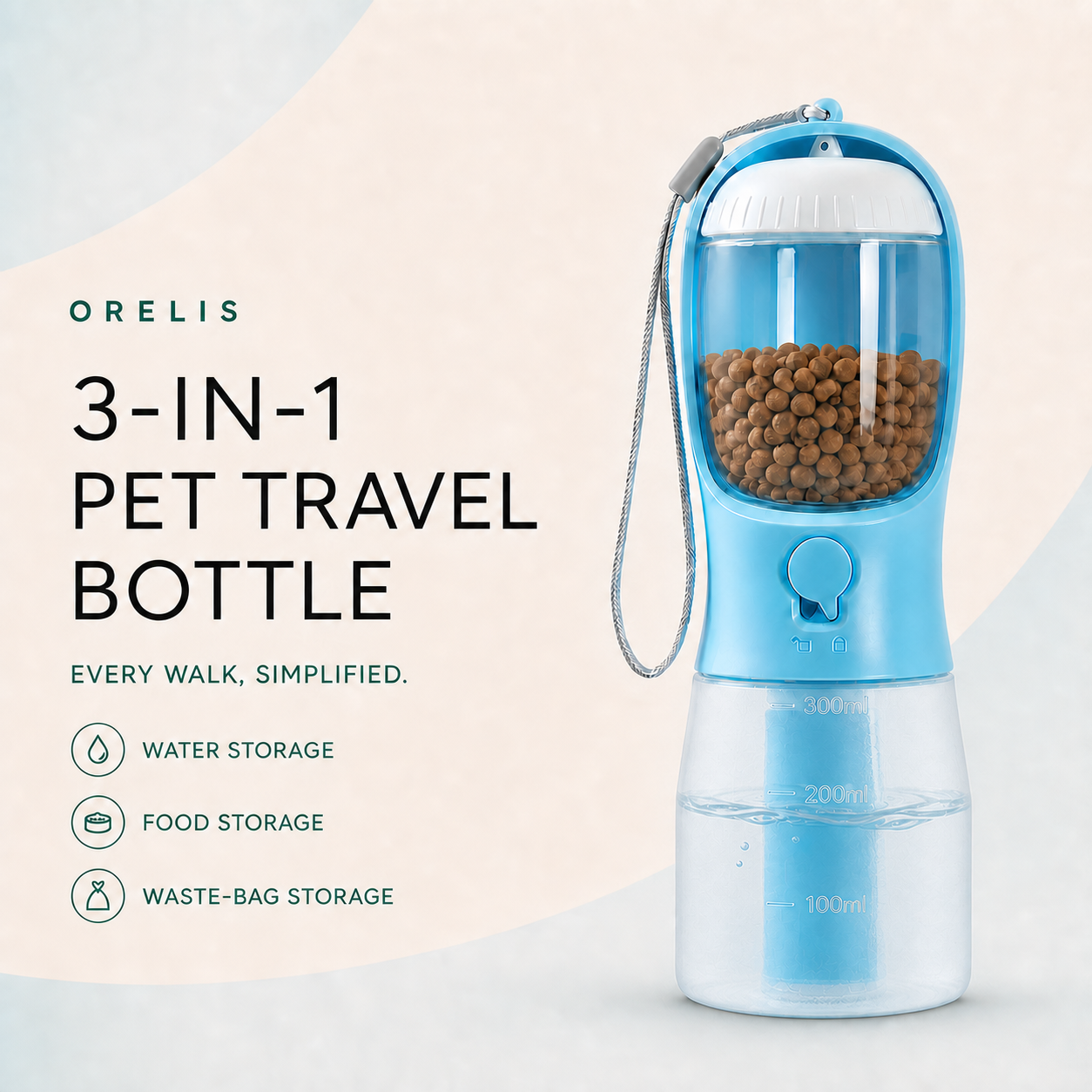 ORELIS 3-in-1 pet travel bottle in Blue with water, food, and waste-bag storage