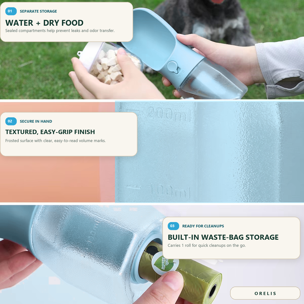ORELIS separate storage, easy-grip finish, and built-in waste-bag storage