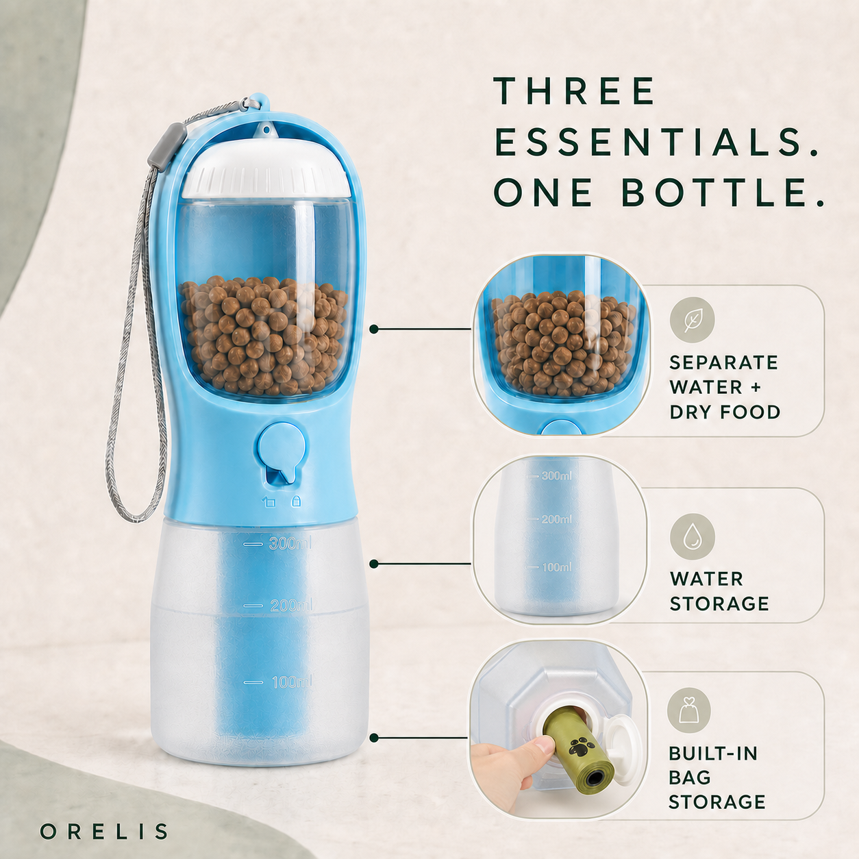 Separate water, dry-food and waste-bag storage