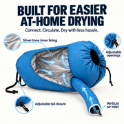Blue ORELIS pet drying bag with silver-tone inner lining, adjustable openings and vertical air inlet.