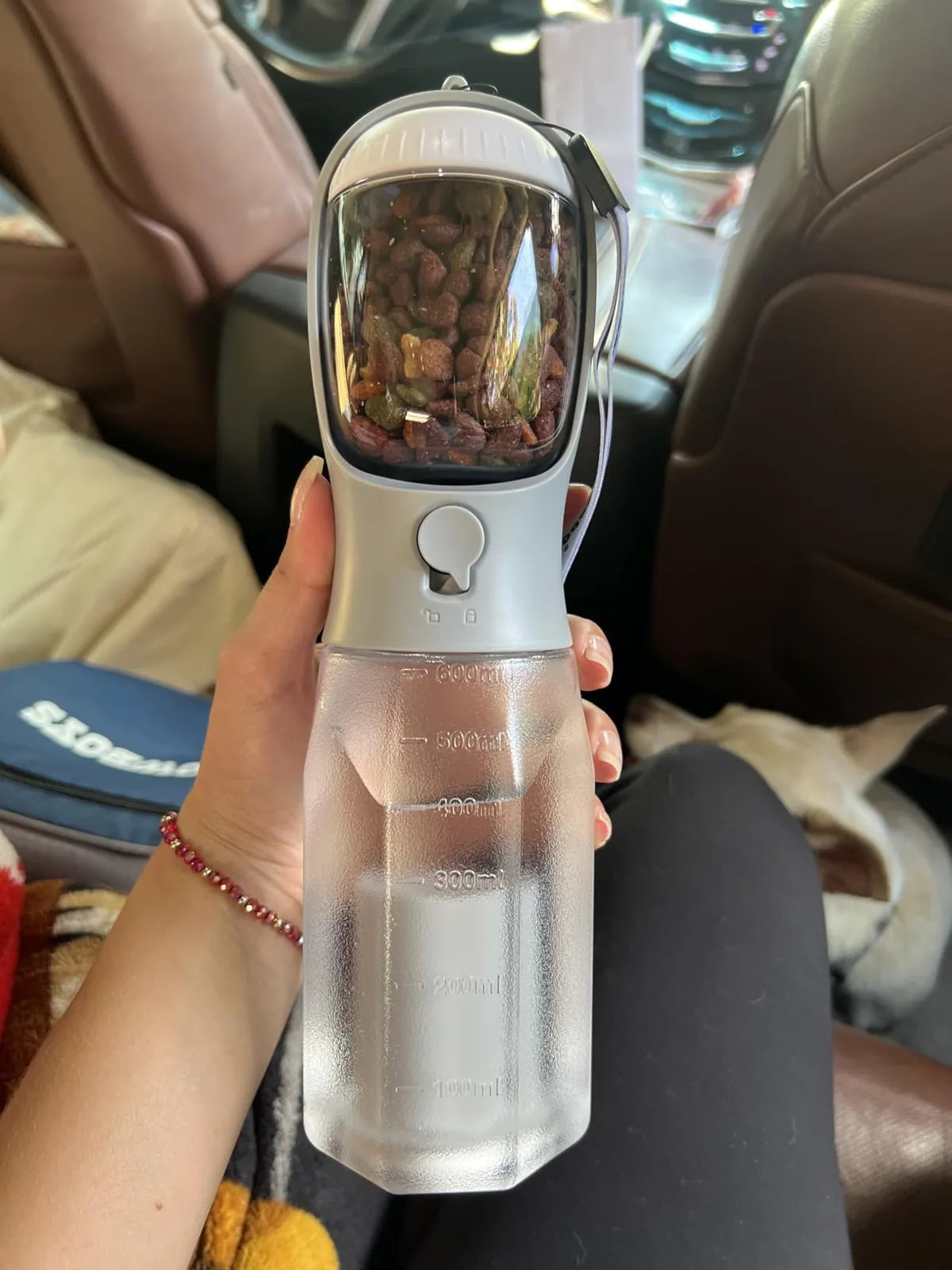 Customer photo of a gray 600ml bottle with dry kibble during a car trip